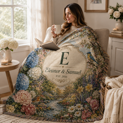 Personalized floral garden wedding woven blanket used in a cozy reading nook