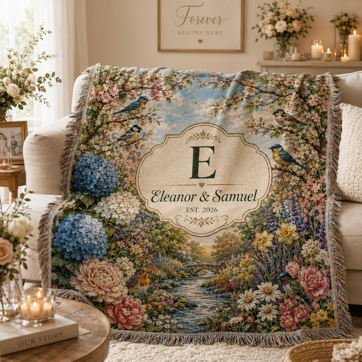 Personalized floral garden wedding woven blanket softly draped on a sofa