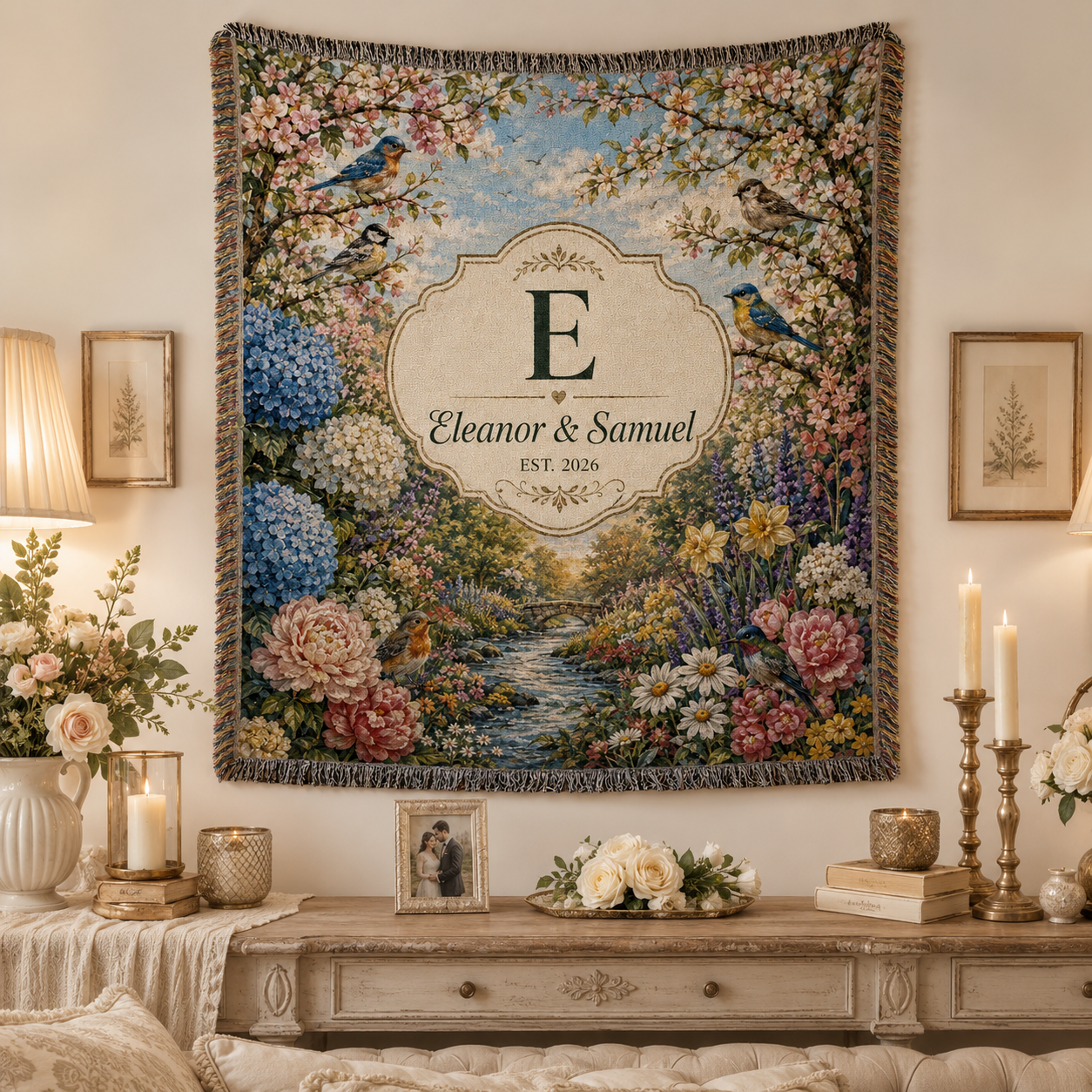 Personalized floral garden wedding woven blanket displayed as romantic wall decor