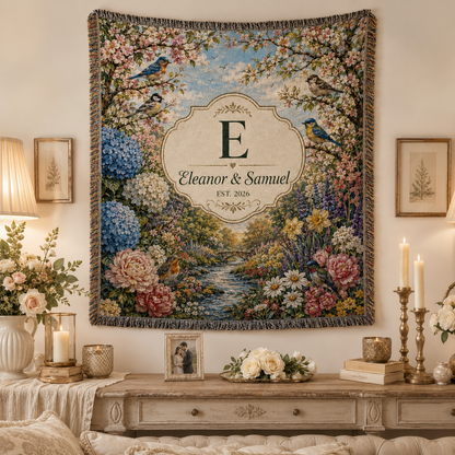 Personalized floral garden wedding woven blanket displayed as romantic wall decor