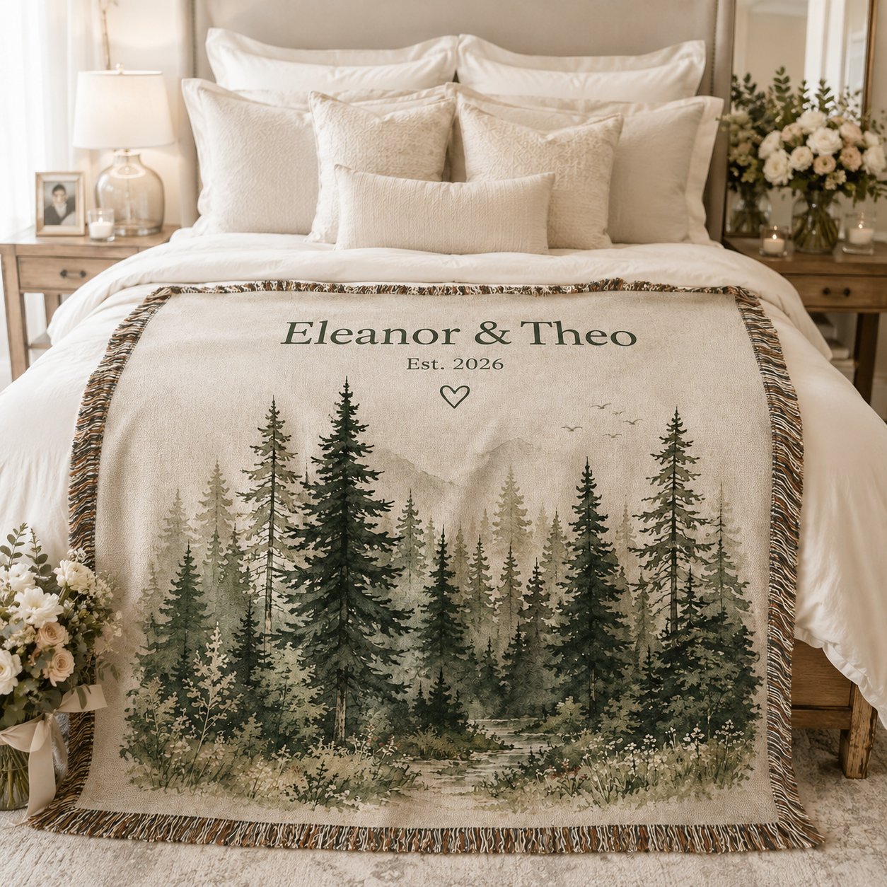 Personalized forest wedding woven blanket styled across a romantic bedroom
