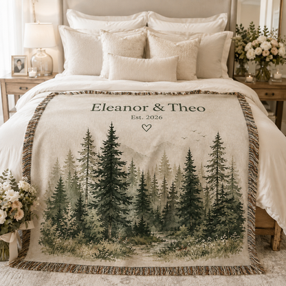 Personalized forest wedding woven blanket styled across a romantic bedroom