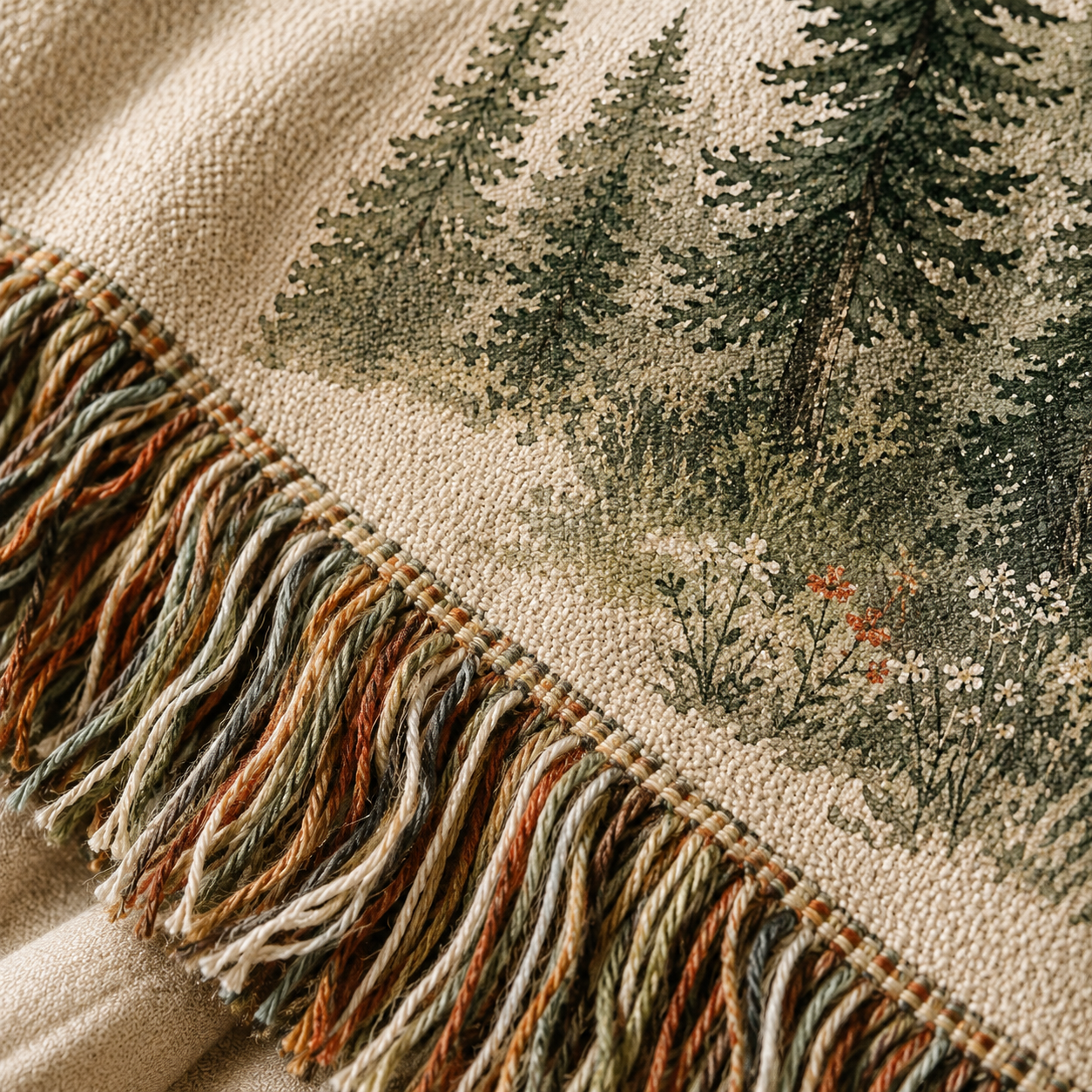 Macro close-up of personalized forest wedding woven blanket texture and multicolor fringe