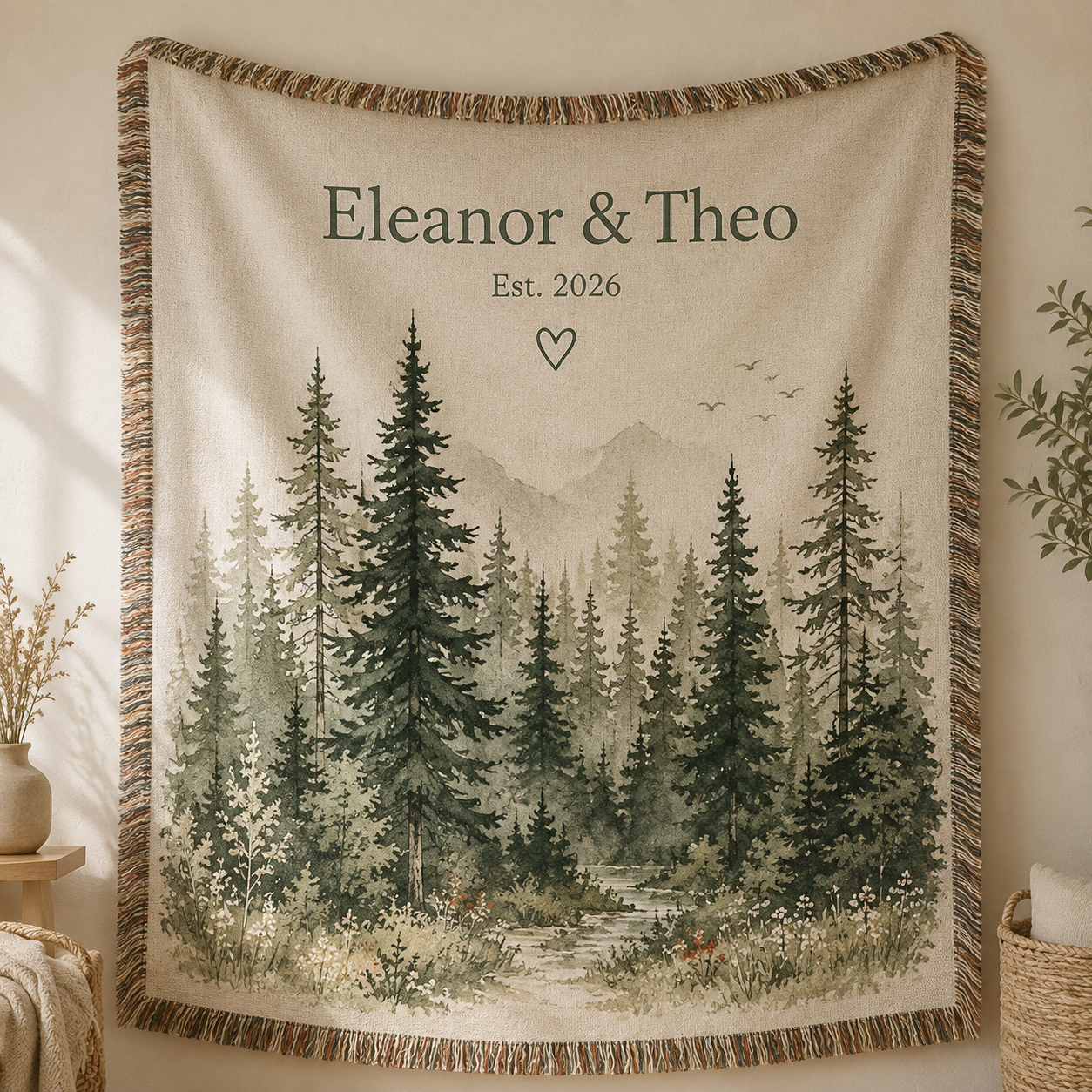 Personalized forest wedding woven blanket with custom couple names and established year