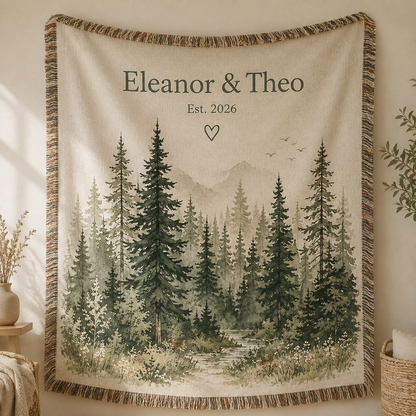 Personalized forest wedding woven blanket with custom couple names and established year