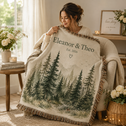 Personalized forest wedding woven blanket used in a cozy reading nook