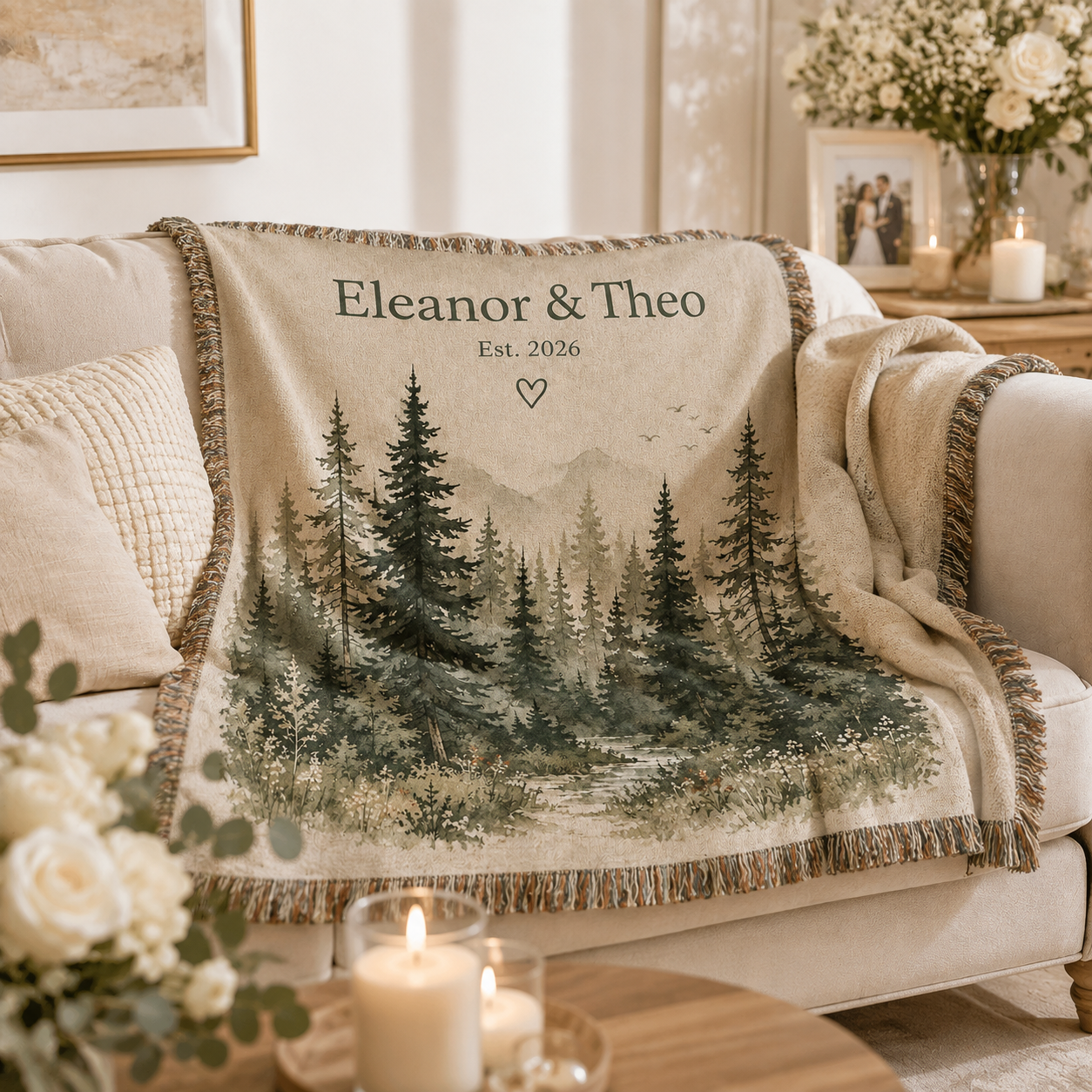 Personalized forest wedding woven blanket softly draped on a neutral sofa