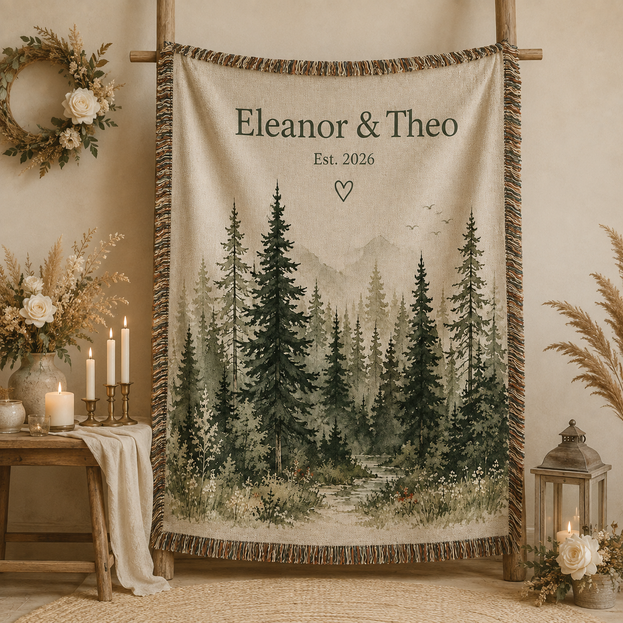 Personalized forest wedding woven blanket displayed as romantic wall decor