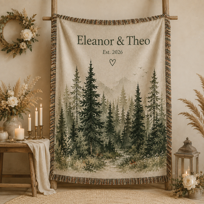 Personalized forest wedding woven blanket displayed as romantic wall decor
