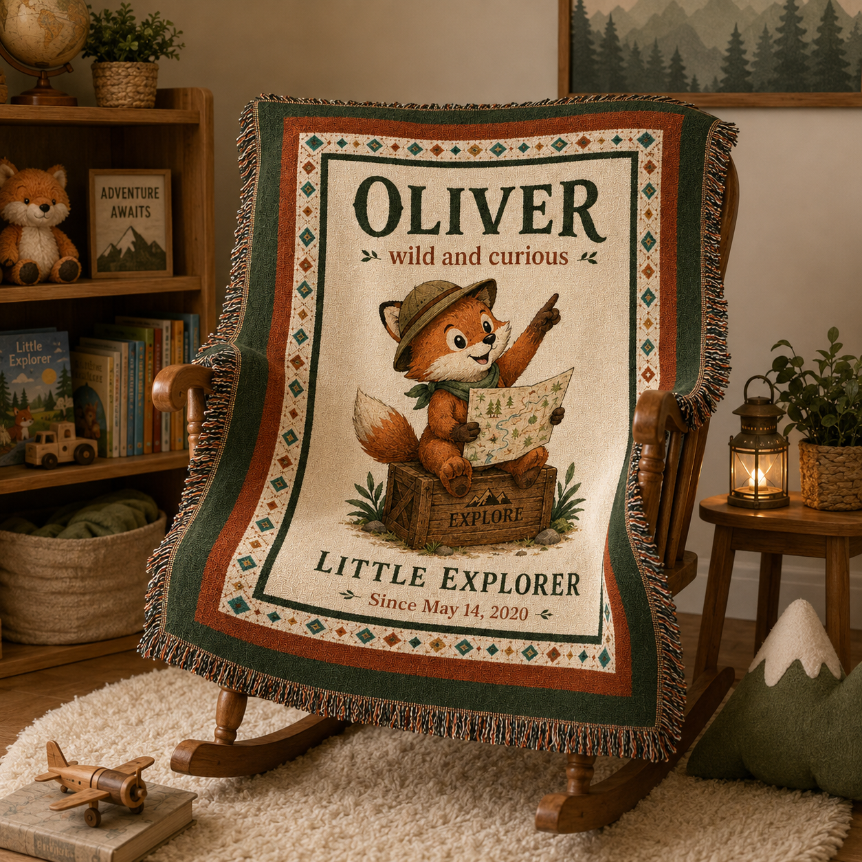 Personalized fox explorer tapestry blanket on a nursery rocking chair