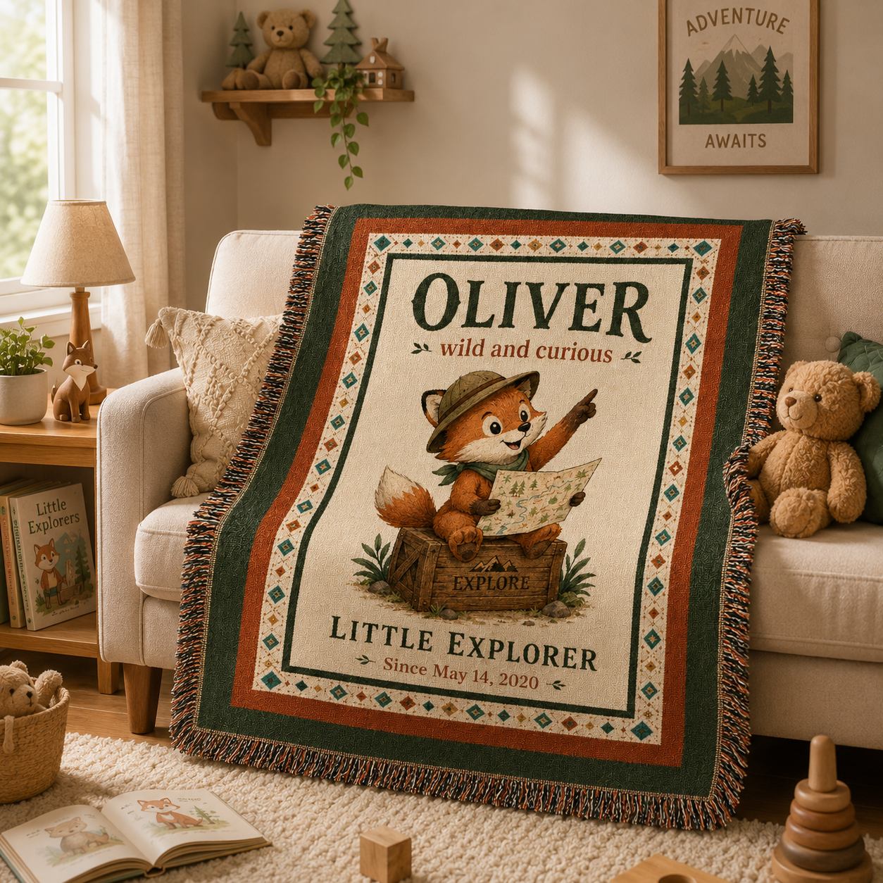Personalized fox explorer woven blanket draped over a nursery chair