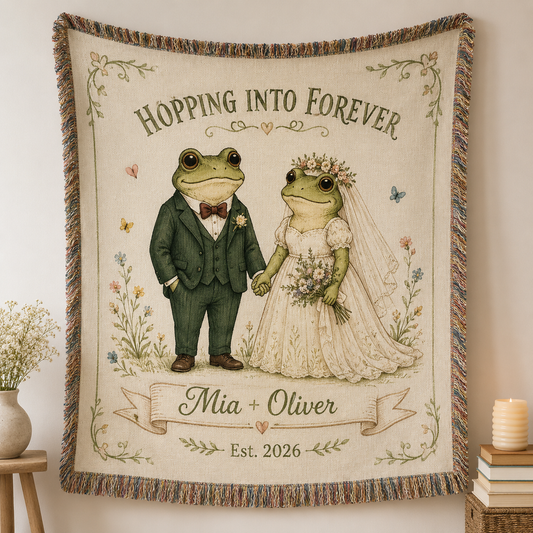 Personalized frog wedding woven blanket with bride and groom frogs, Hopping Into Forever, custom couple names and year