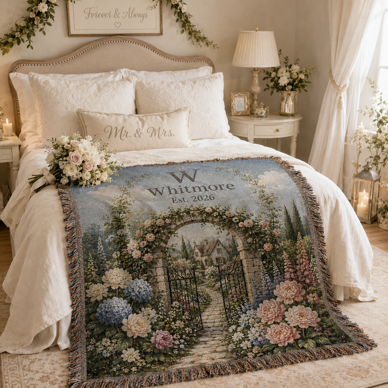 Personalized garden wedding woven blanket styled across a romantic bedroom bed