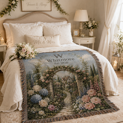 Personalized garden wedding woven blanket styled across a romantic bedroom bed