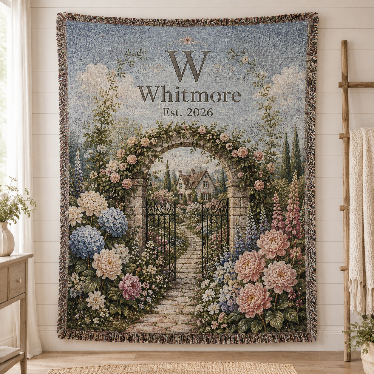 Personalized garden wedding woven blanket with custom family initial surname and established year