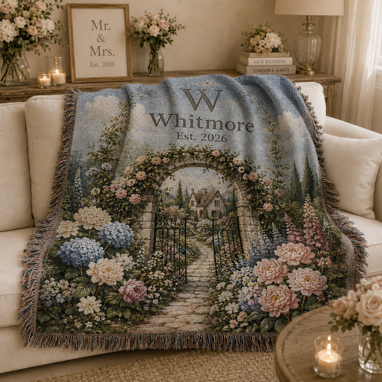 Personalized garden wedding woven blanket softly draped on a neutral sofa