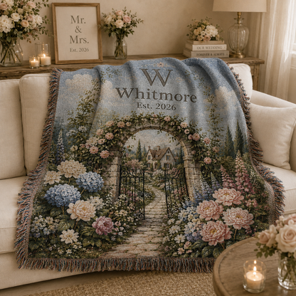 Personalized garden wedding woven blanket softly draped on a neutral sofa