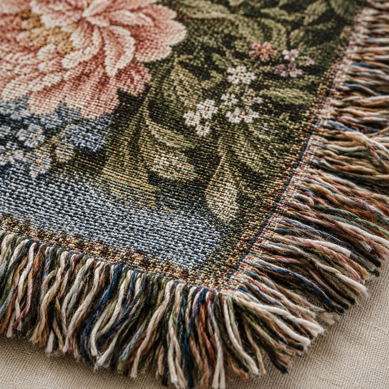 Macro woven texture and multicolor fringe detail of personalized garden wedding blanket