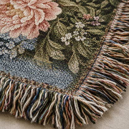 Macro woven texture and multicolor fringe detail of personalized garden wedding blanket