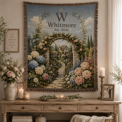 Personalized garden wedding woven blanket displayed as romantic wall decor