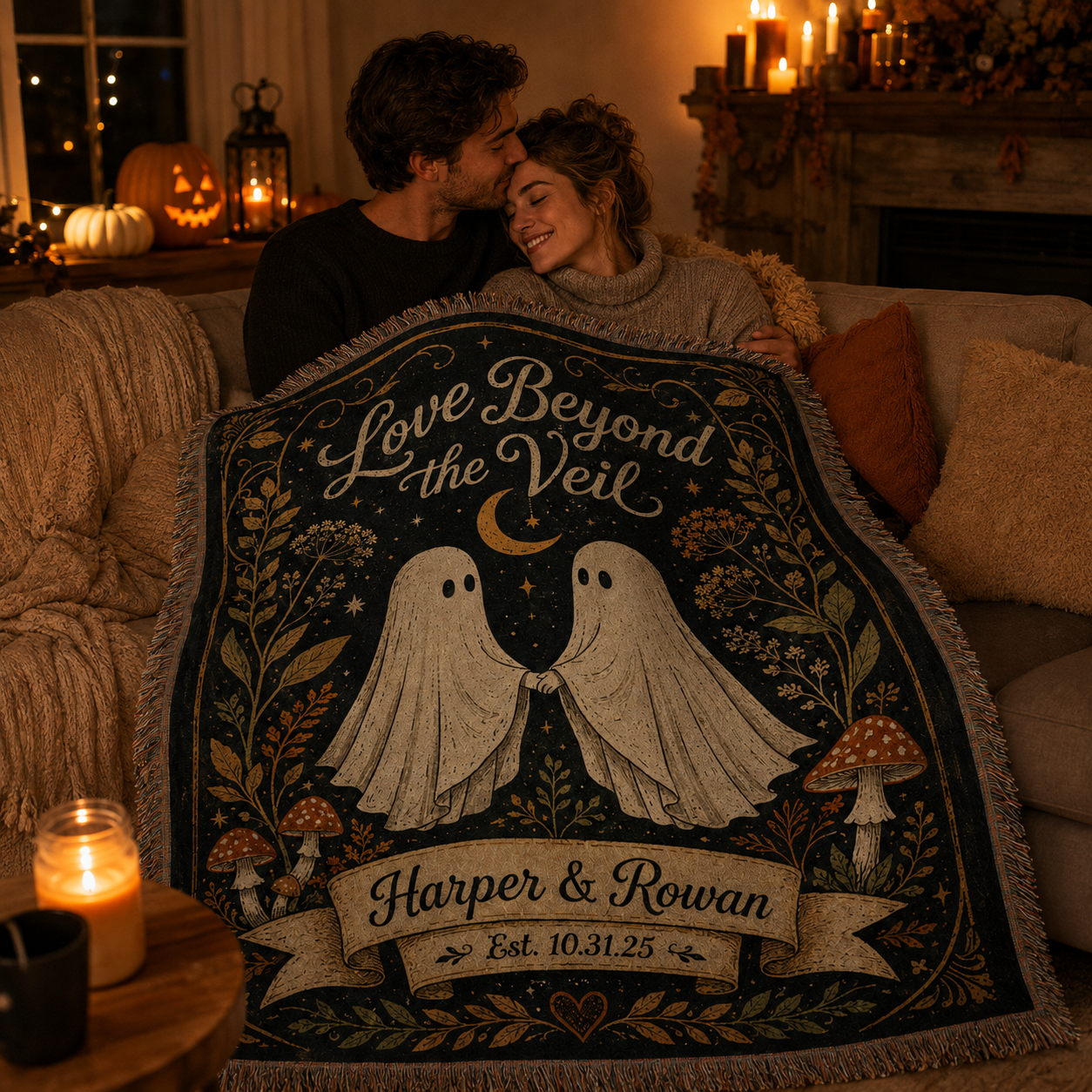Couple cuddling under a personalized ghost Halloween woven blanket