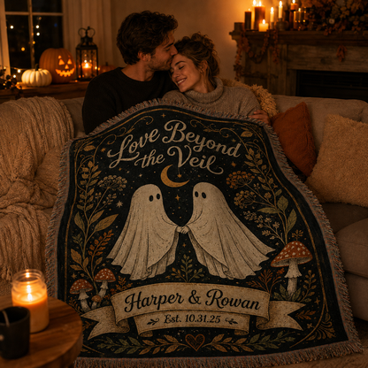 Couple cuddling under a personalized ghost Halloween woven blanket