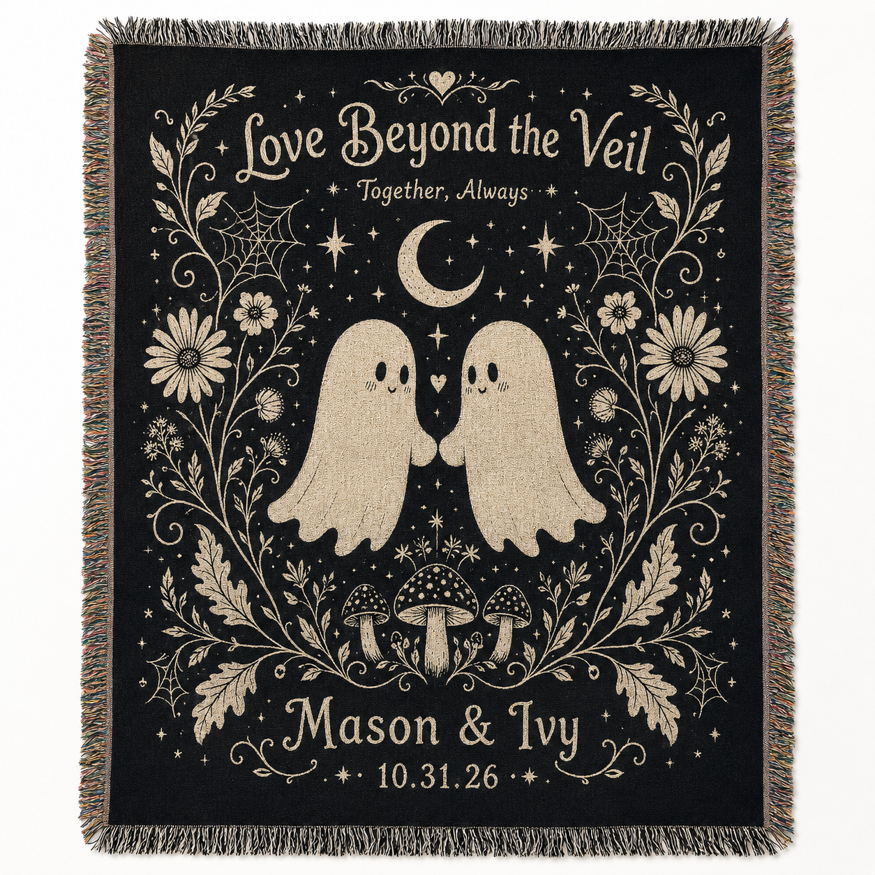 Personalized ghost couple woven blanket with custom names and date