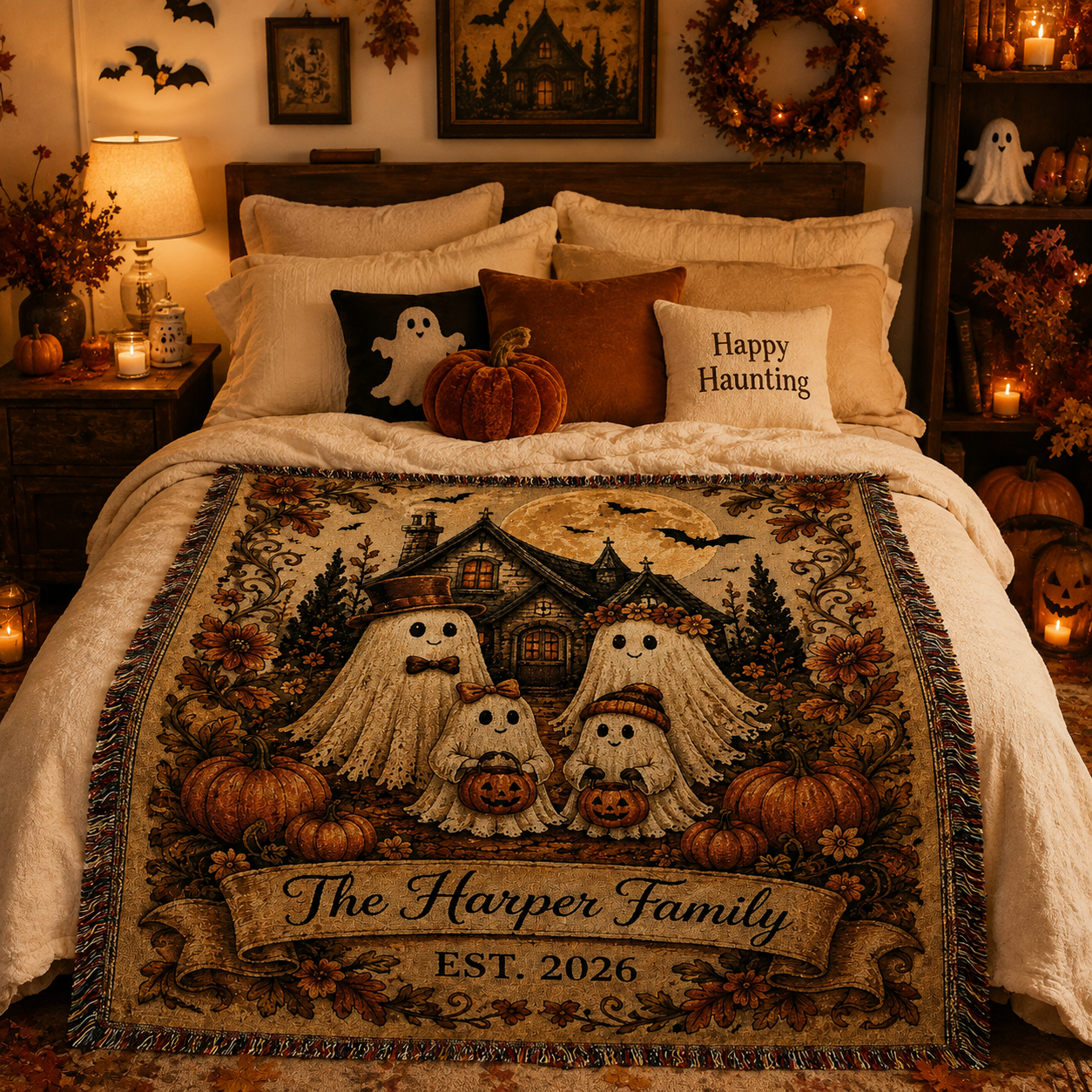 Personalized haunted cottage ghost family woven blanket displayed in a cozy Halloween bedroom