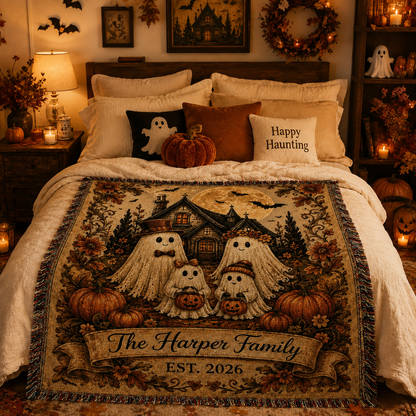 Personalized haunted cottage ghost family woven blanket displayed in a cozy Halloween bedroom
