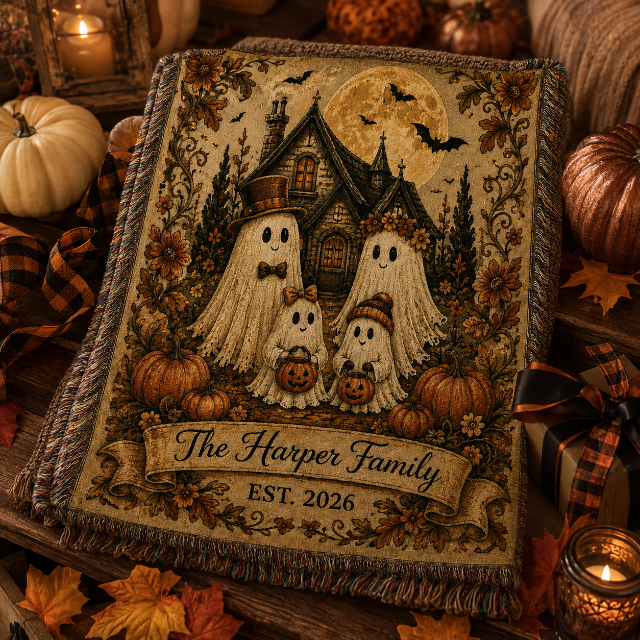 Personalized ghost family woven blanket arranged as a rustic Halloween family gift with pumpkins and ribbon
