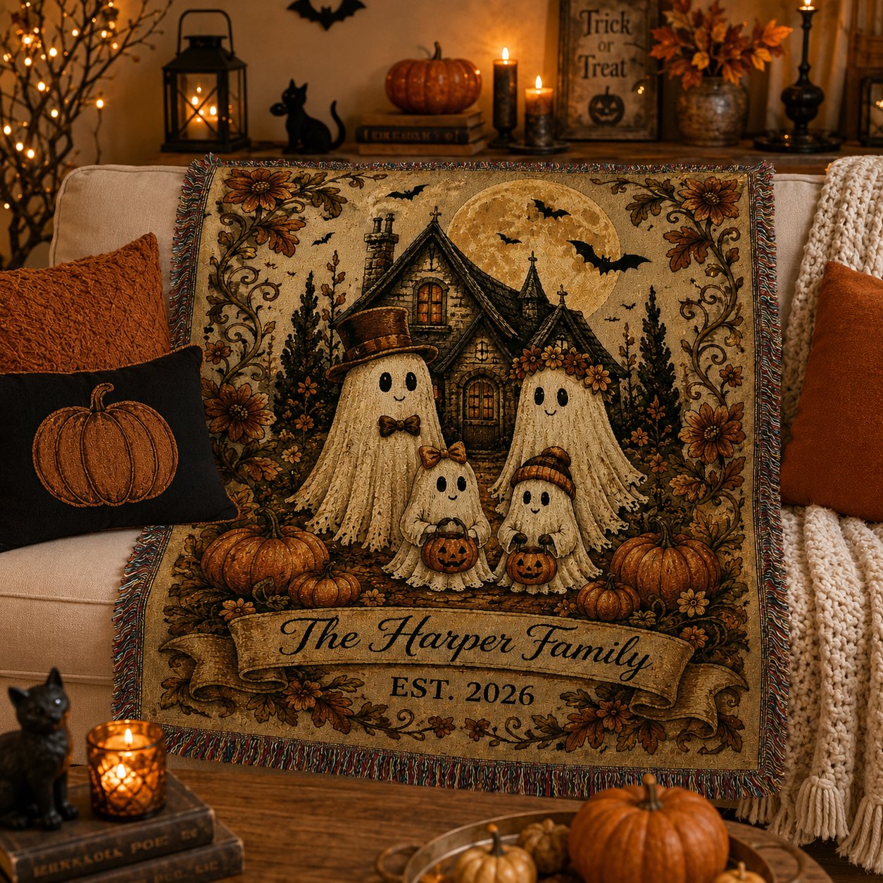 Custom ghost family woven blanket styled on a cozy Halloween sofa with pumpkins and candlelight