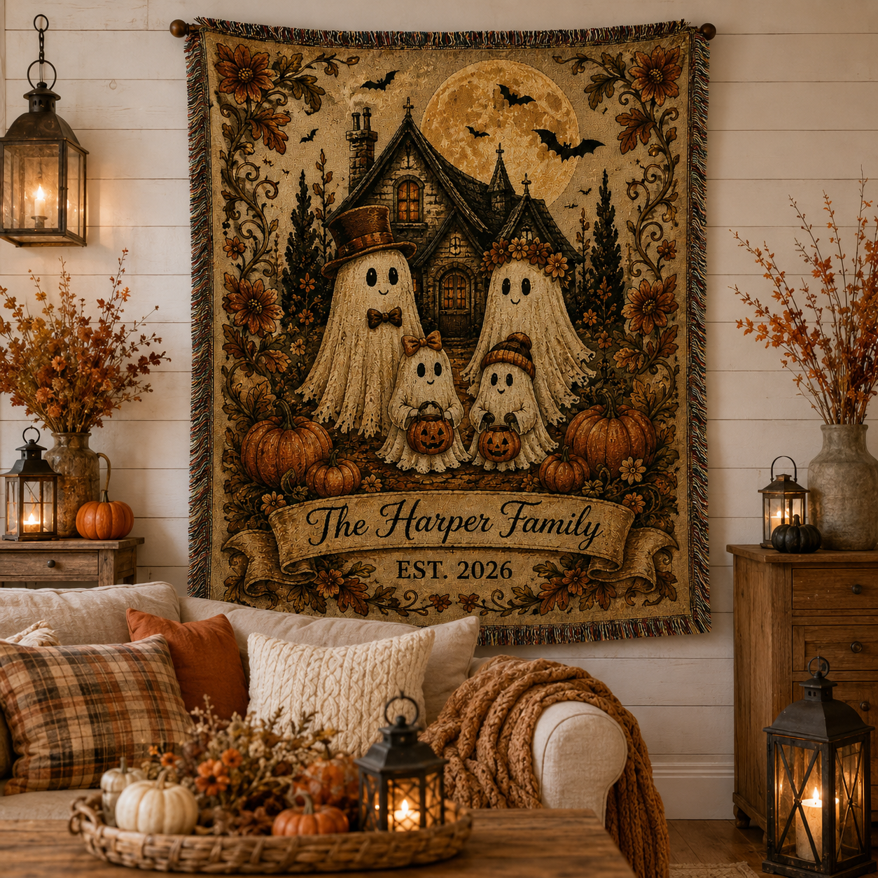 Personalized ghost family Halloween woven blanket displayed as rustic farmhouse wall decor