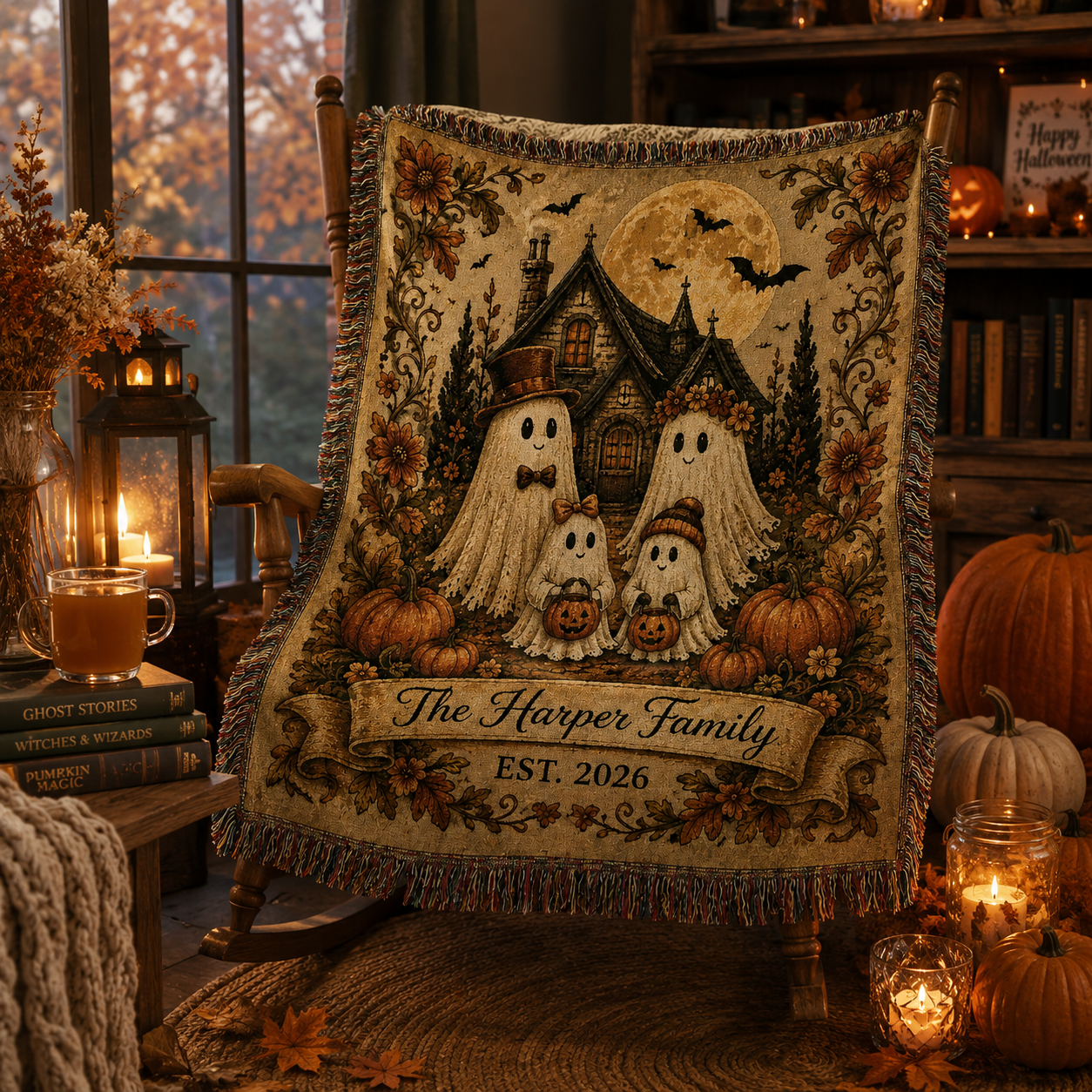 Personalized ghost family woven blanket draped over a rocking chair in an autumn Halloween reading nook