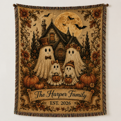 Personalized ghost family woven blanket with haunted cottage, full moon, pumpkins and custom family name