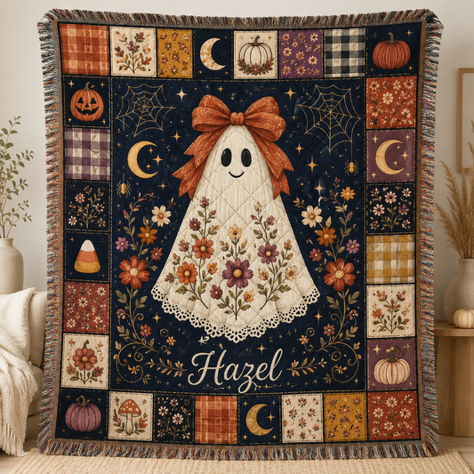 Personalized ghost Halloween woven blanket with floral patchwork border and custom name