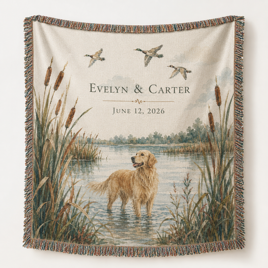 Personalized golden retriever wedding woven blanket with custom couple names and date, marsh lake scene and multicolor fringe