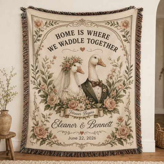 Personalized goose wedding woven blanket with custom couple names and date