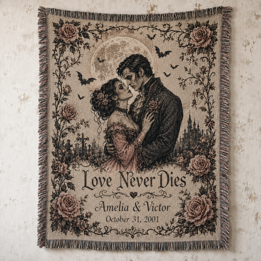 Personalized gothic Halloween woven blanket with romantic Victorian couple, moon, bats, roses, custom names and date