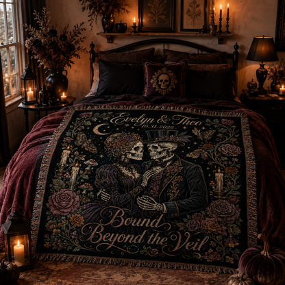 Personalized skeleton wedding woven blanket displayed in a moody gothic Halloween bedroom