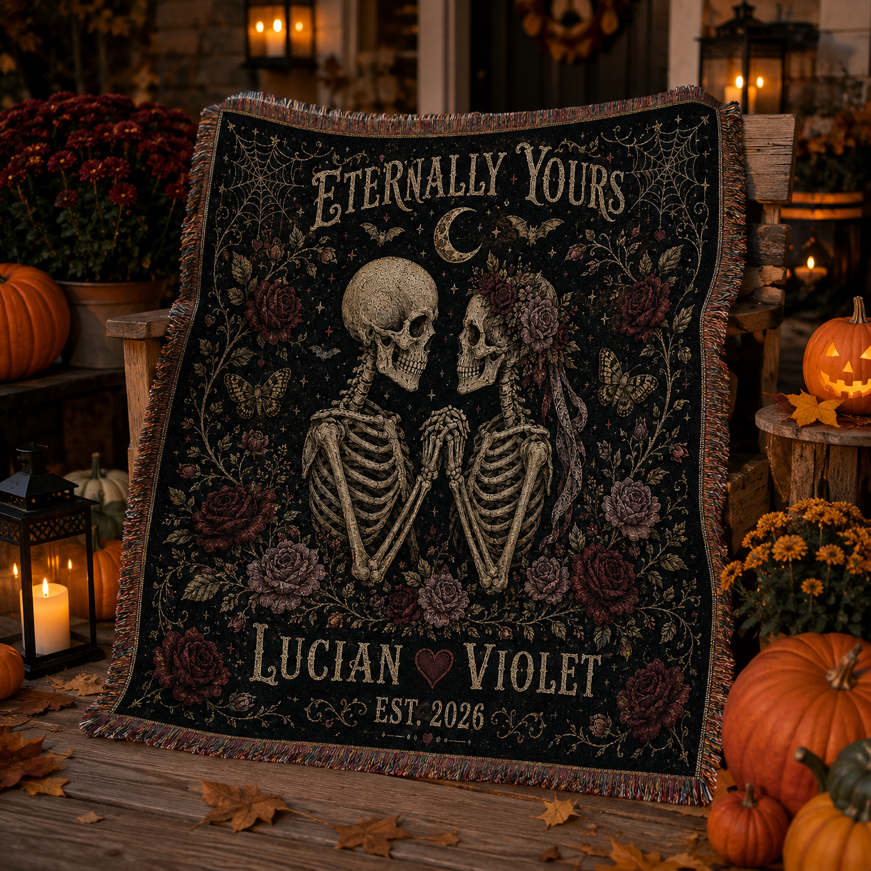 Personalized gothic skeleton couple blanket styled on an autumn Halloween porch