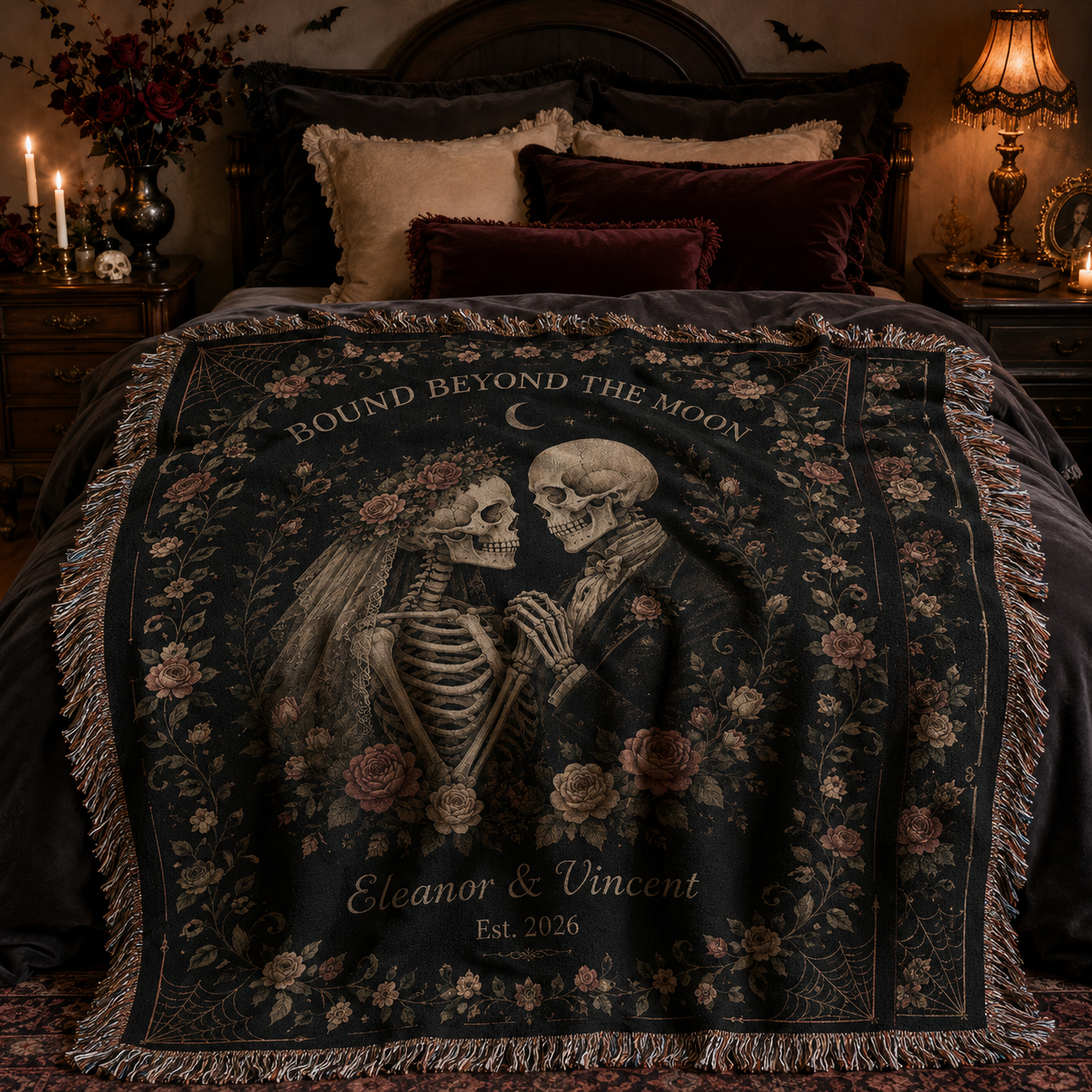Personalized gothic skeleton wedding woven blanket layered softly across a moody Halloween bedroom bed