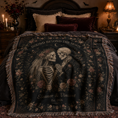 Personalized gothic skeleton wedding woven blanket layered softly across a moody Halloween bedroom bed