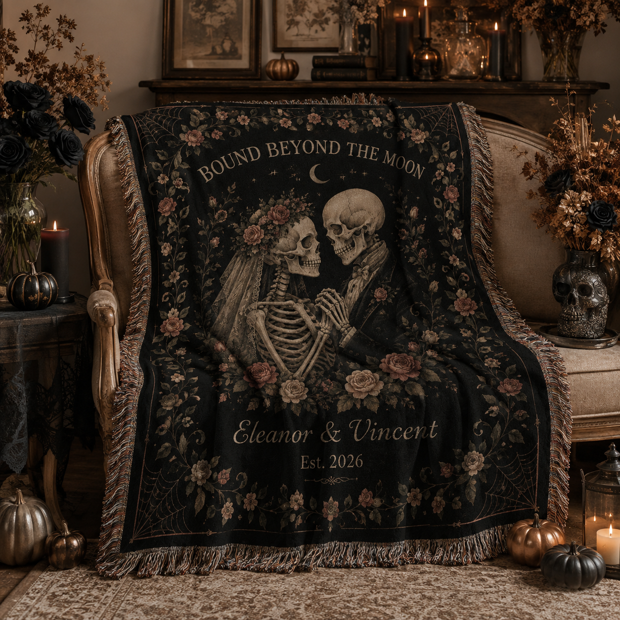 Soft personalized gothic skeleton wedding woven blanket draped over a vintage bench with elegant Halloween decor