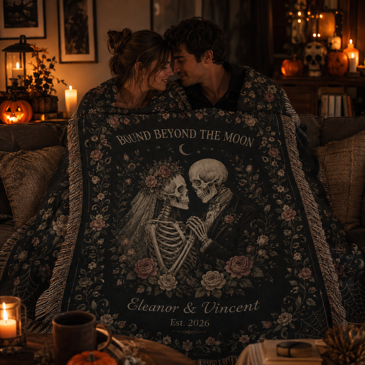 Couple wrapped in a personalized gothic skeleton wedding woven blanket in a cozy Halloween setting