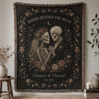 Personalized gothic skeleton wedding woven blanket with floral border and Bound Beyond the Moon design