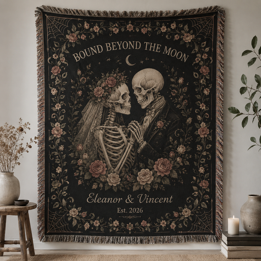 Personalized gothic skeleton wedding woven blanket with floral border and Bound Beyond the Moon design