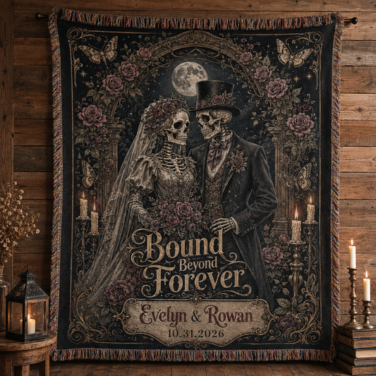 Personalized gothic skeleton wedding woven blanket with custom couple names date roses and moon