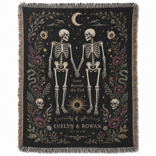 Personalized gothic skeleton wedding woven blanket with Evelyn and Rowan, Love Beyond the Veil