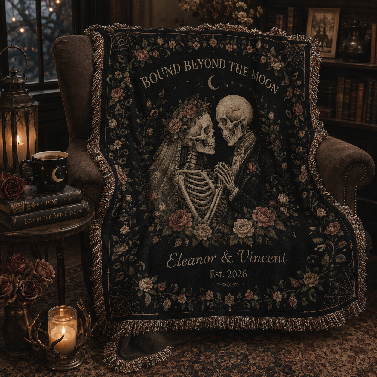 Personalized gothic skeleton wedding woven blanket draped softly over a reading chair with books and candlelight
