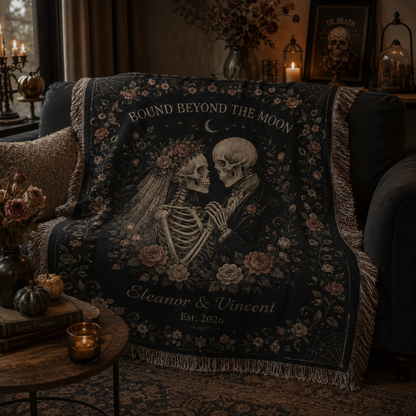 Soft personalized gothic skeleton wedding woven blanket draped over a dark sofa with Halloween decor